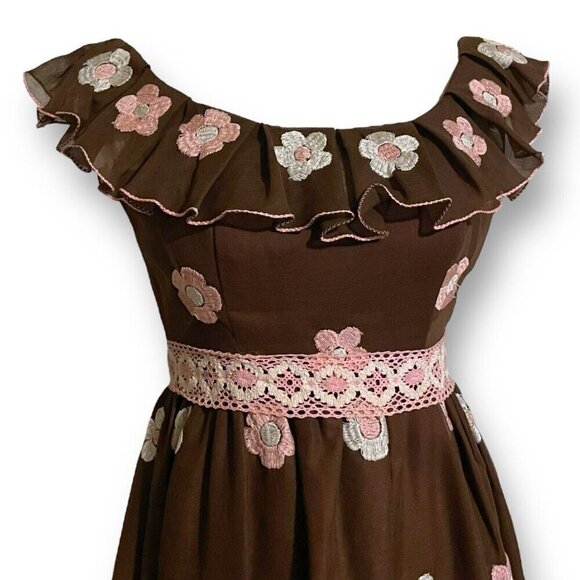 Vintage 1970s Floral Maxi Dress Sz Small Brown Pink Floral Emboidered Prom Gown - Picture 6 of 10